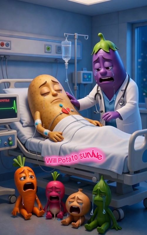 True friendship… all the vegetables are crying for their friend Potato in the hospital 💔🥕🧅"#sadst — AI fruit video by @us.aziz3