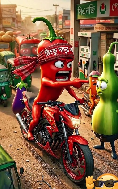 Chili Biker Gets Chased 🚓🌶️ | Vegetable World Cartoon Description Fast cinematic 3D animated story — AI fruit video by @tingkudadu22