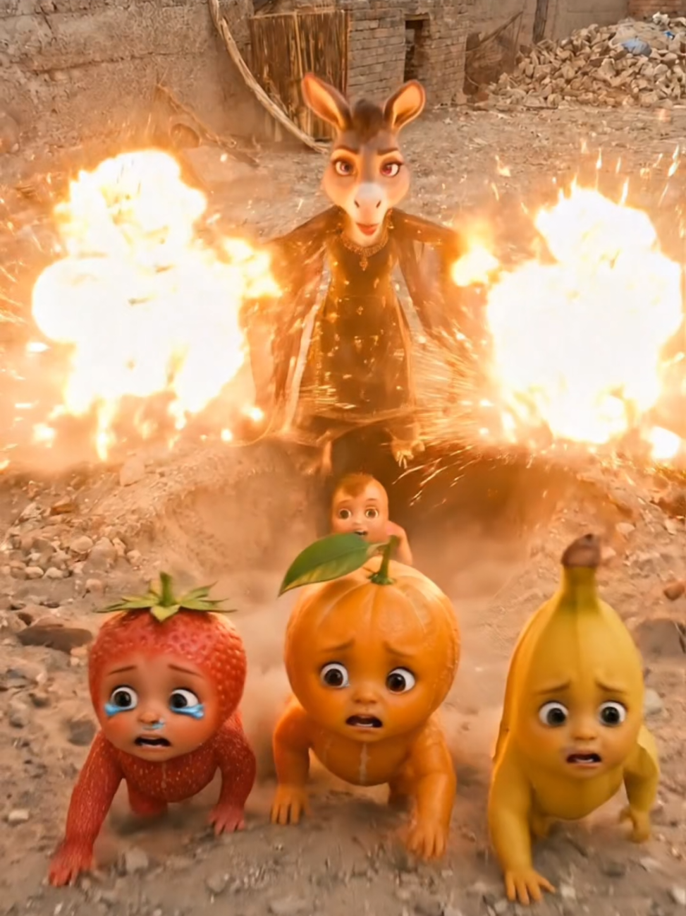 Fruit Babies Running From Fire Donkey 😱🍓🍊🍌 | Funny Baby Escape The fruit babies are terrified as — AI fruit video by @khawja050