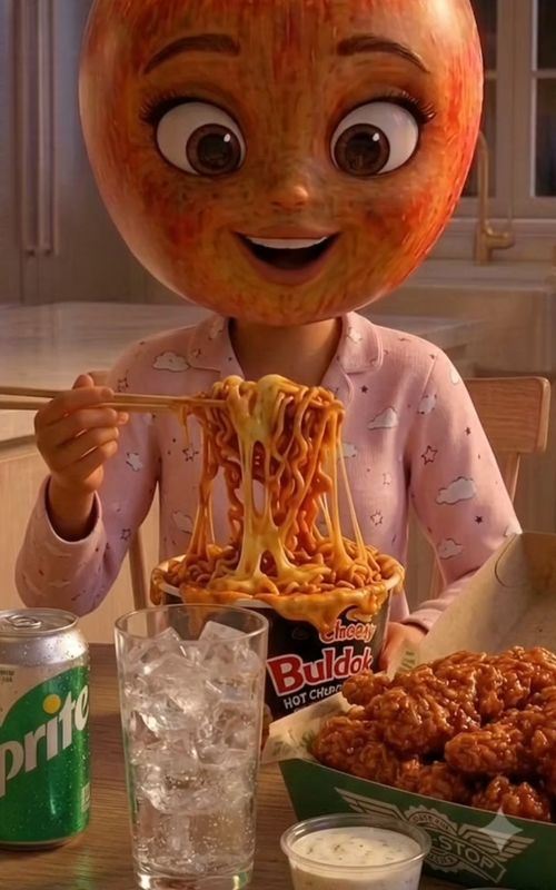 Buldak Noodles & @Wingstop is so good!😋🍎❤️  Watch till the end ❤️ #Ai #Aimukbang #aifruitstories # — AI fruit video by @fruitmamalife