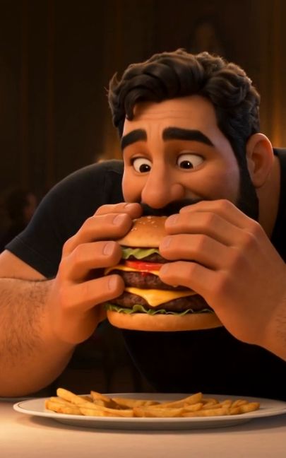 when she says "just a bite" 🍔🤤 order TWO burgers #couple #love #pixar #animation #aianimation #fun — AI fruit video by @aimations.tv