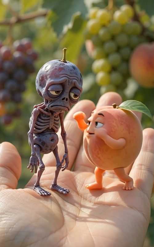 Skeleton Grapes 🍇 Vs Healthy Peach 🍑  #fruitbaby #asmrvideos #viralreelsvideo #skeleton #humanityf — AI fruit video by @tinyfruitycutiesofficial