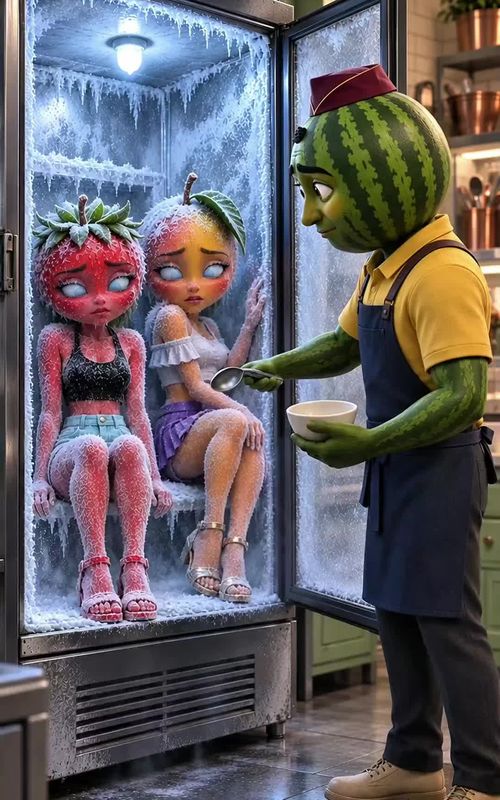 Melon sell strawberry and banana ice cream  #fruitstory #fruitdrama #aistory #aifruit #fruit  — AI fruit video by @kindnessprevailsai