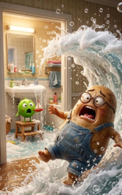 Chota Matar ne bathroom flood kar diya aur Baba Aloo paani mein sarakte hue bahar aa giray! 😂🥔 Dad — AI fruit video by @kids.islamic.cartoons
