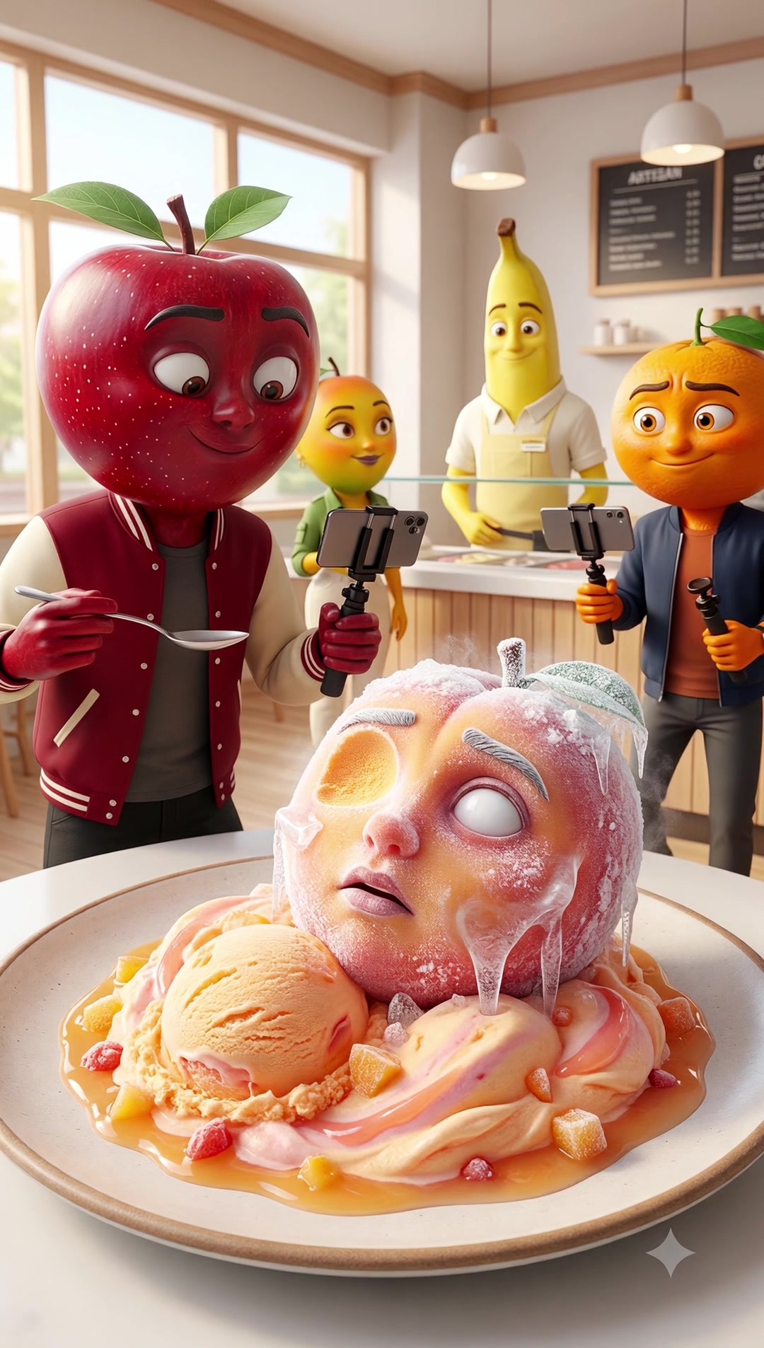 The Mysterious Ice Cream Shop of the Banana Boy - Part 1 #story #fruitstory #aistory #viral  — AI fruit video by @baodareal