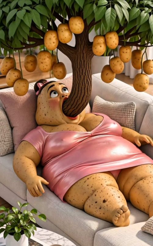 Die Kartoffelfrau lässt einen goldenen Baum aus ihrem Mund wachsen. #funnystory #story #shorts #brai — AI fruit video by @dream.cat232