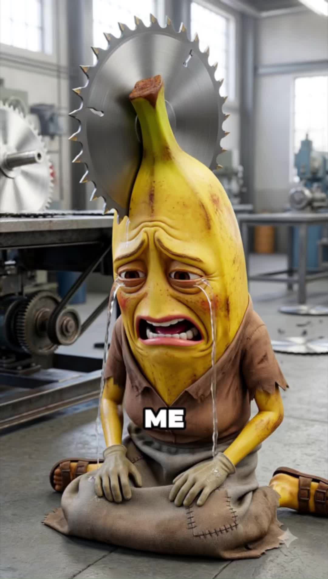 Banana with a saw blade on head ..  #story #fruitstory #aistory #viral — AI fruit video by @baodareal