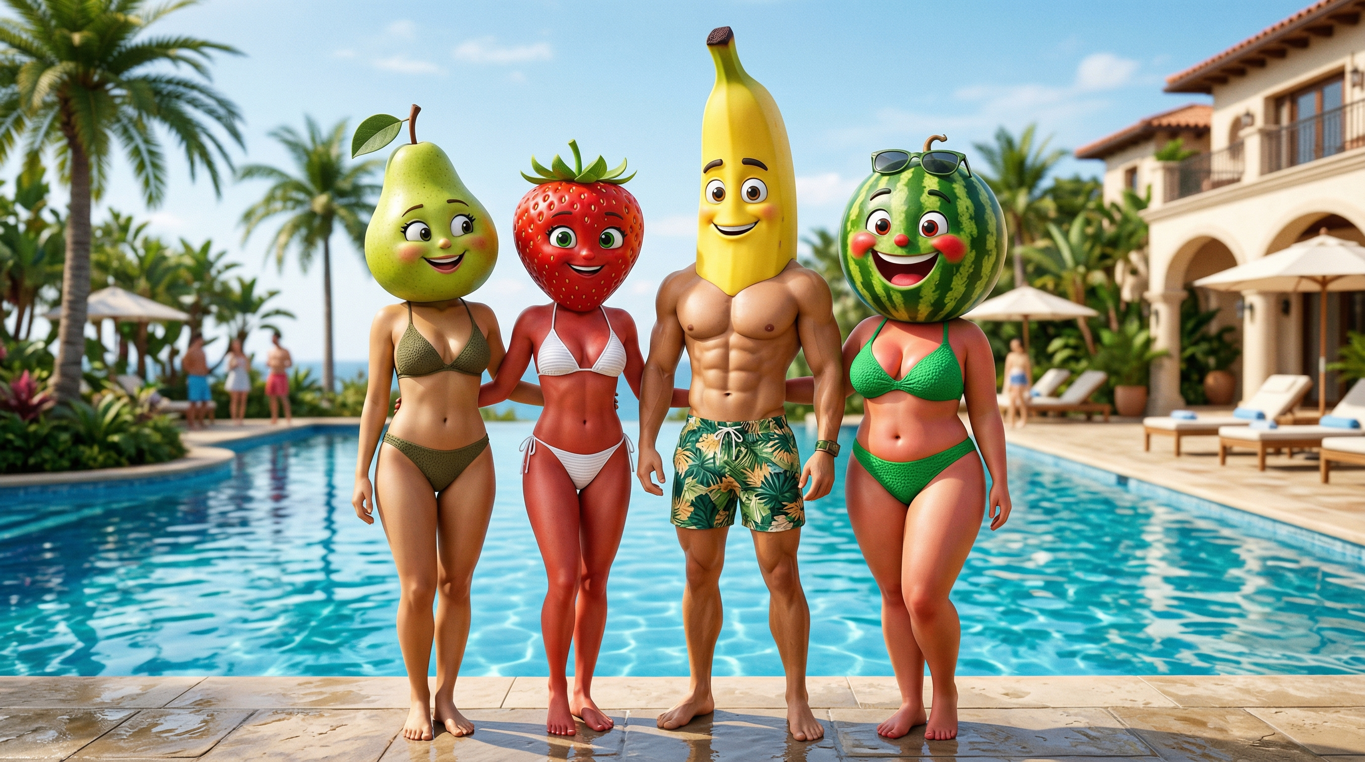 Full fruit squad at the resort pool β strawberry, banana, pear, and watermelon